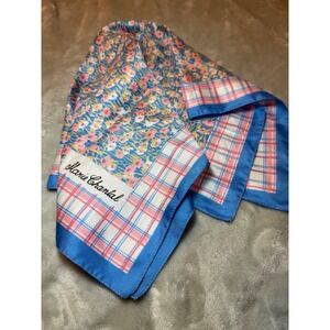 Marie Chantal Floral & Plaid 100% Silk Square Scarf Blue/Pink 19"